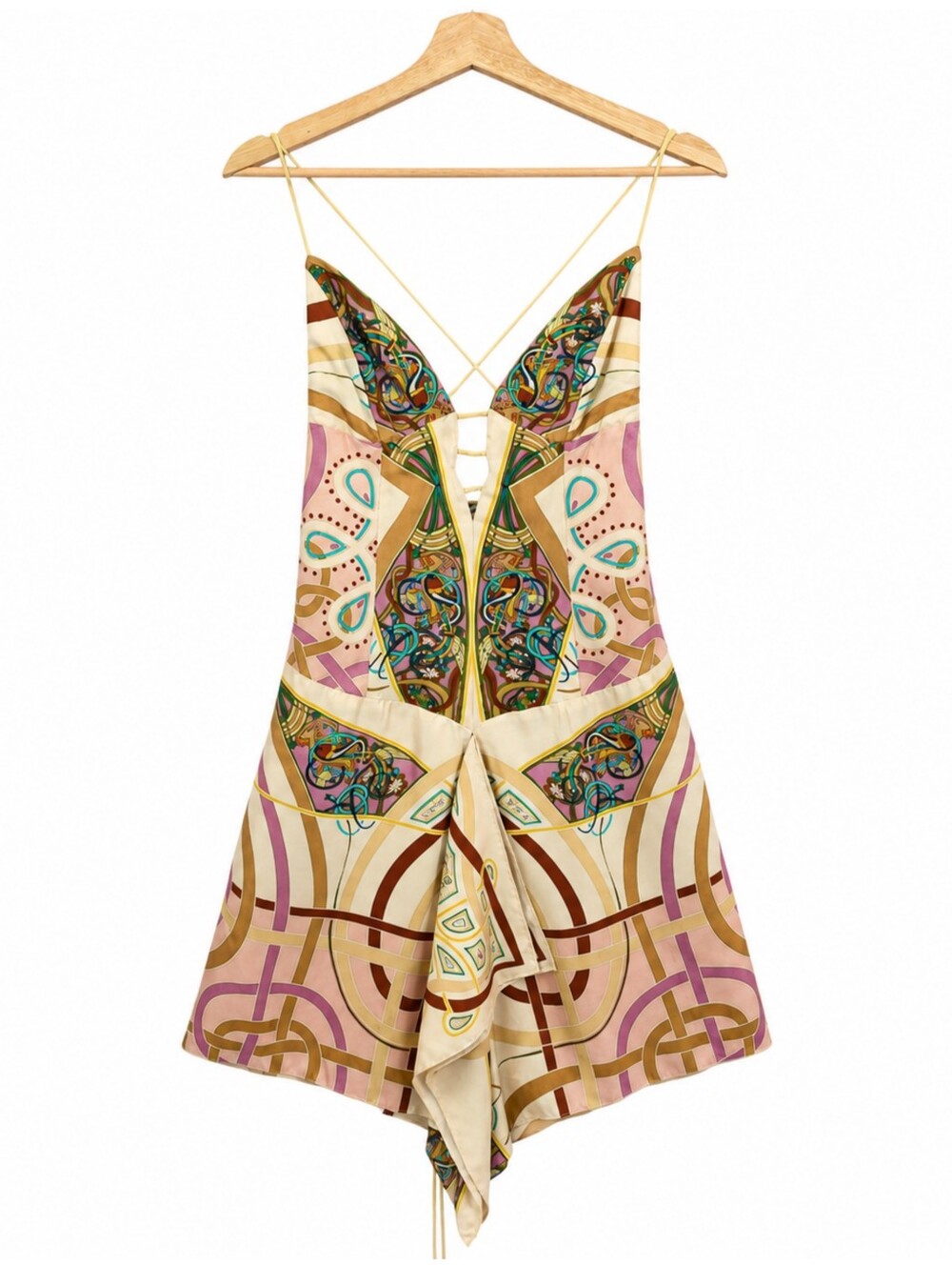 Vintage Nicole Miller 100% Silk Scarf Print Lace Up Corset Open Back Dress 10